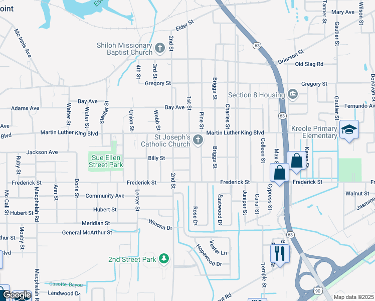 map of restaurants, bars, coffee shops, grocery stores, and more near 5518-5524 Billy Street in Moss Point