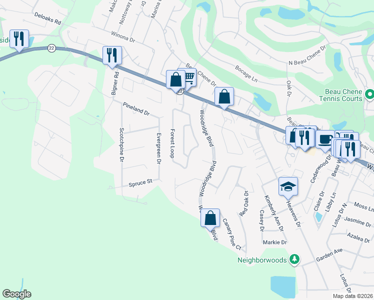 map of restaurants, bars, coffee shops, grocery stores, and more near 351 Audubon Drive in Mandeville