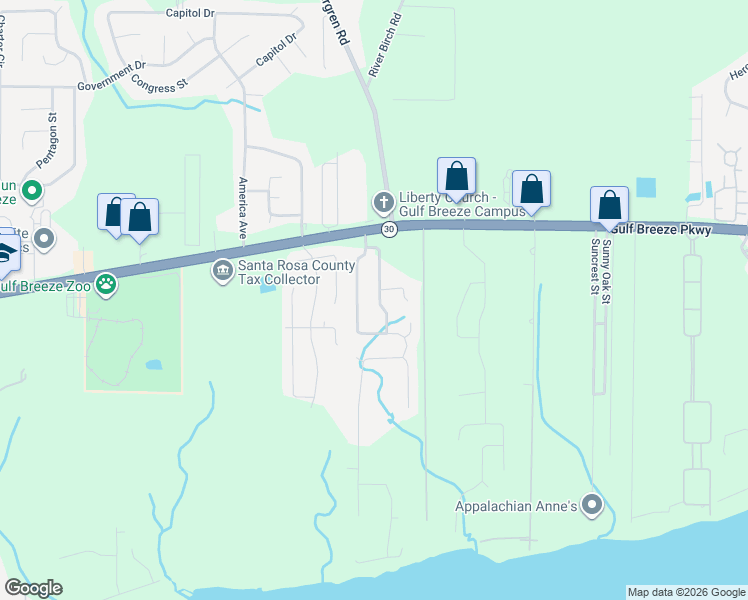 map of restaurants, bars, coffee shops, grocery stores, and more near 1711 Marseille Drive in Gulf Breeze
