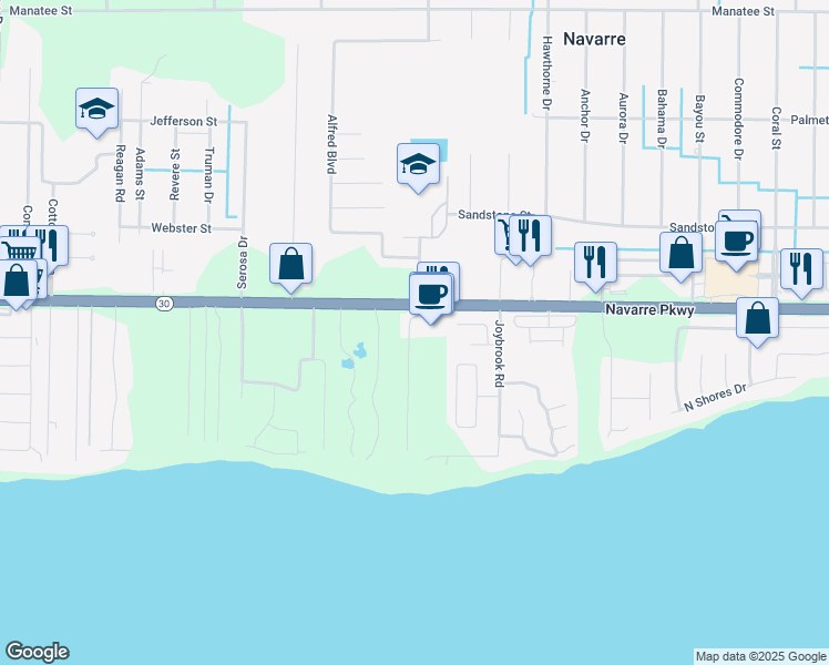map of restaurants, bars, coffee shops, grocery stores, and more near 1822 Sound Haven Court in Navarre