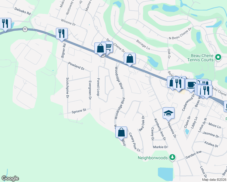 map of restaurants, bars, coffee shops, grocery stores, and more near 308 Live Oak Court in Mandeville