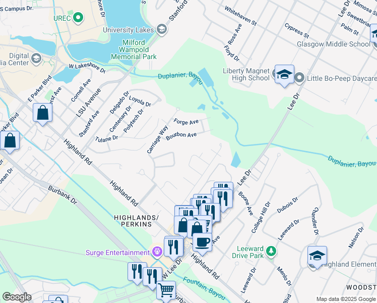 map of restaurants, bars, coffee shops, grocery stores, and more near 627 Barrosa Way in Baton Rouge