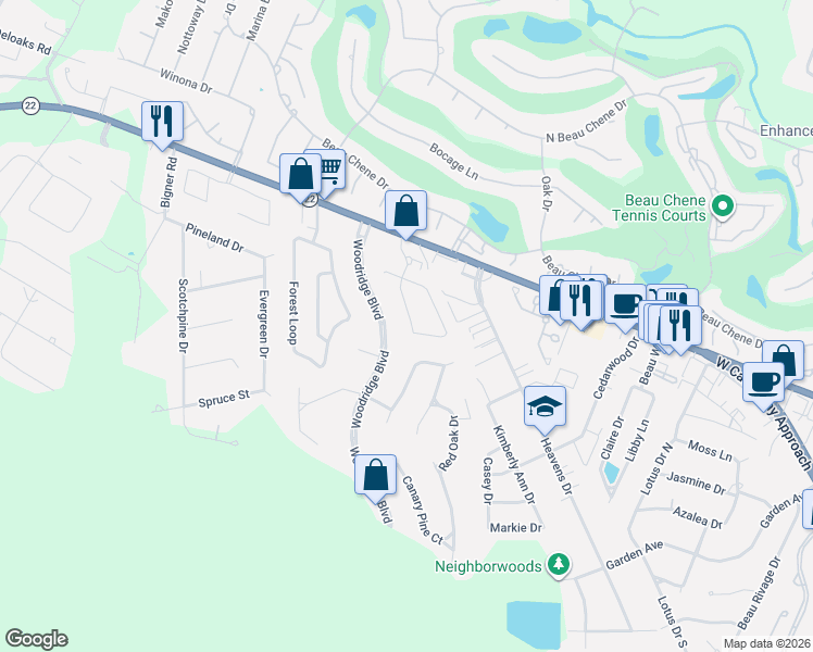 map of restaurants, bars, coffee shops, grocery stores, and more near 317 Woodridge Boulevard in Mandeville