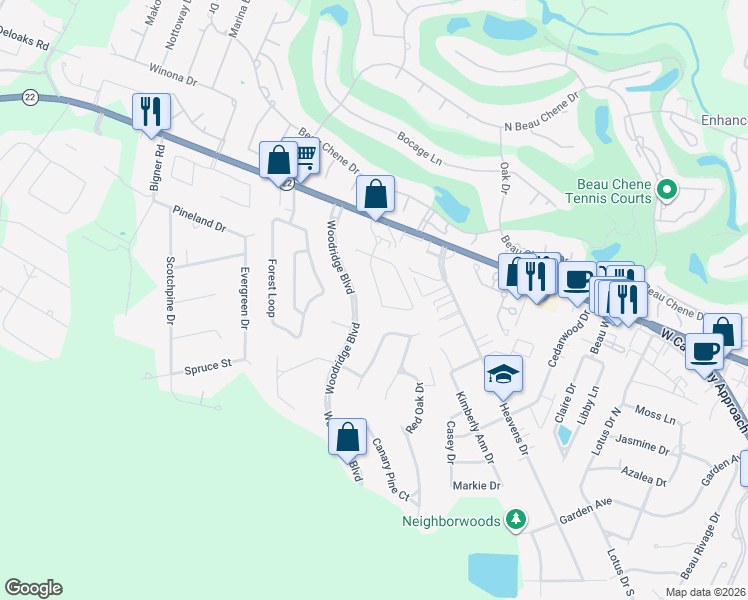 map of restaurants, bars, coffee shops, grocery stores, and more near 317 Woodridge Boulevard in Mandeville