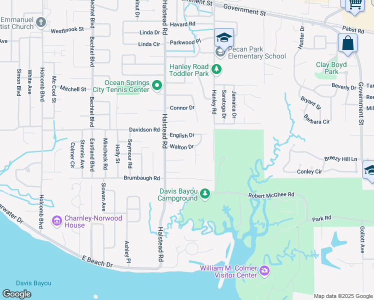 map of restaurants, bars, coffee shops, grocery stores, and more near 2712 Walton Drive in Ocean Springs