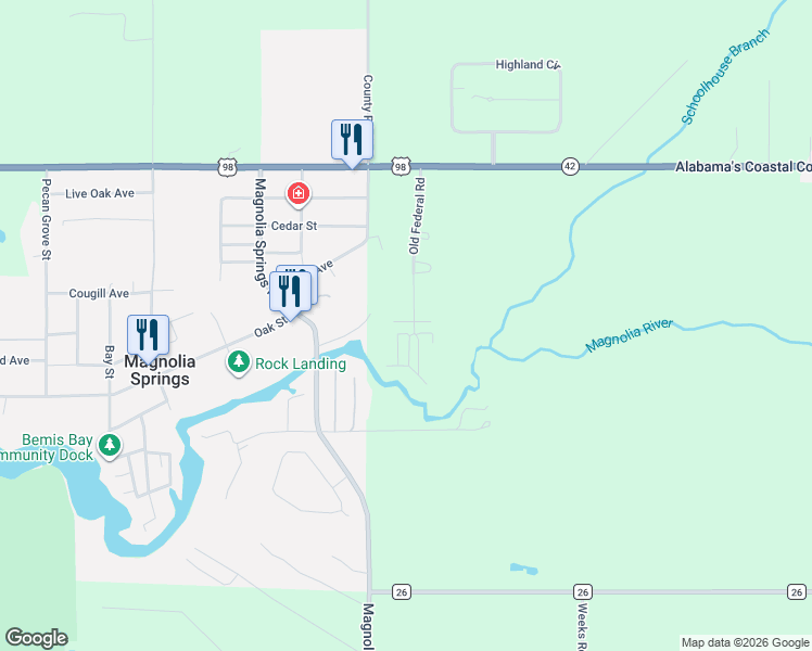 map of restaurants, bars, coffee shops, grocery stores, and more near Old Federal Road in Magnolia Springs