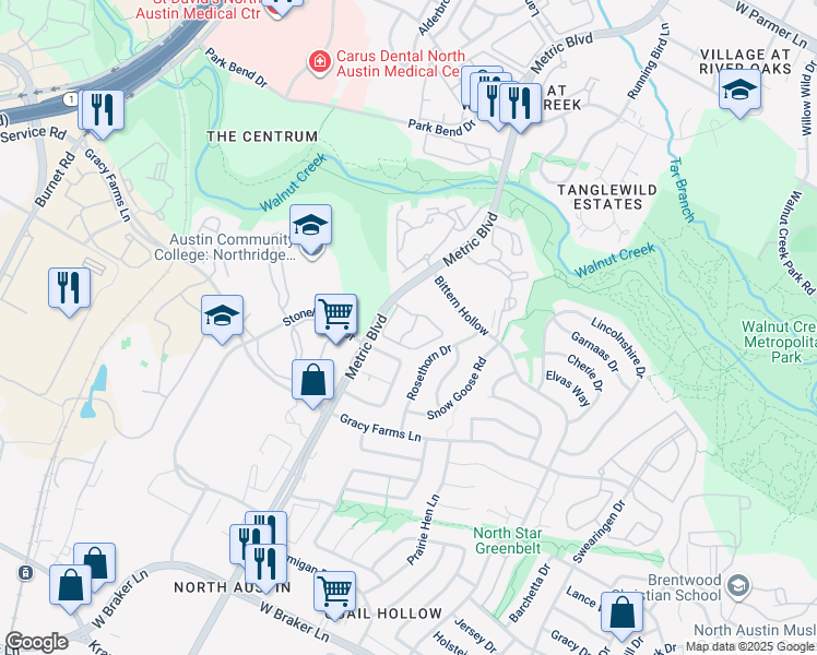 map of restaurants, bars, coffee shops, grocery stores, and more near 12001 Metric Boulevard in Austin