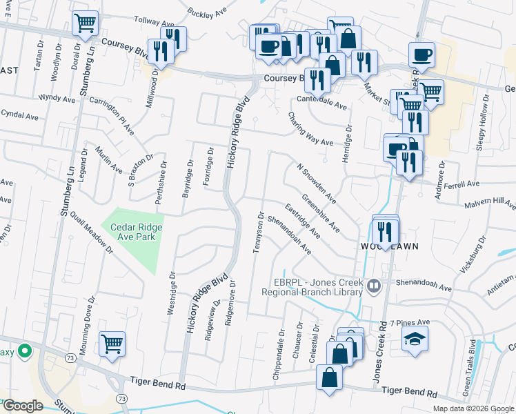map of restaurants, bars, coffee shops, grocery stores, and more near 5814 Tennyson Drive in Baton Rouge