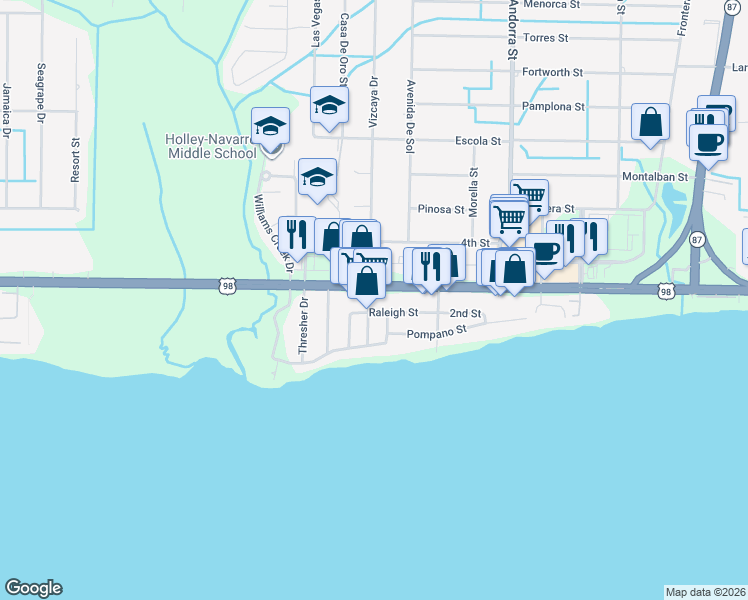 map of restaurants, bars, coffee shops, grocery stores, and more near 1816 Winston Avenue in Navarre