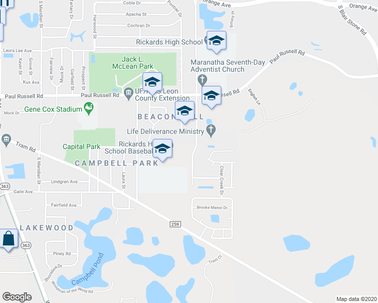 map of restaurants, bars, coffee shops, grocery stores, and more near 3420 Jim Lee Road in Tallahassee