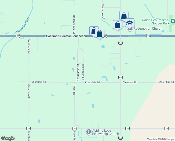 map of restaurants, bars, coffee shops, grocery stores, and more near 17635 Charolais Road in Foley