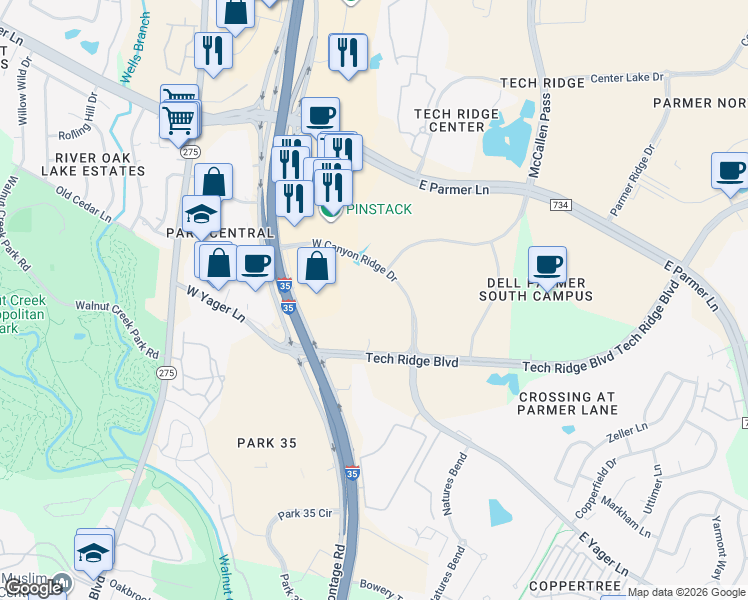 map of restaurants, bars, coffee shops, grocery stores, and more near 235 West Canyon Ridge Drive in Austin