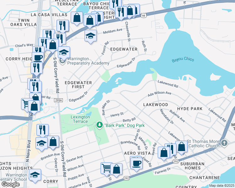 map of restaurants, bars, coffee shops, grocery stores, and more near 603 Rue Max Street in Pensacola