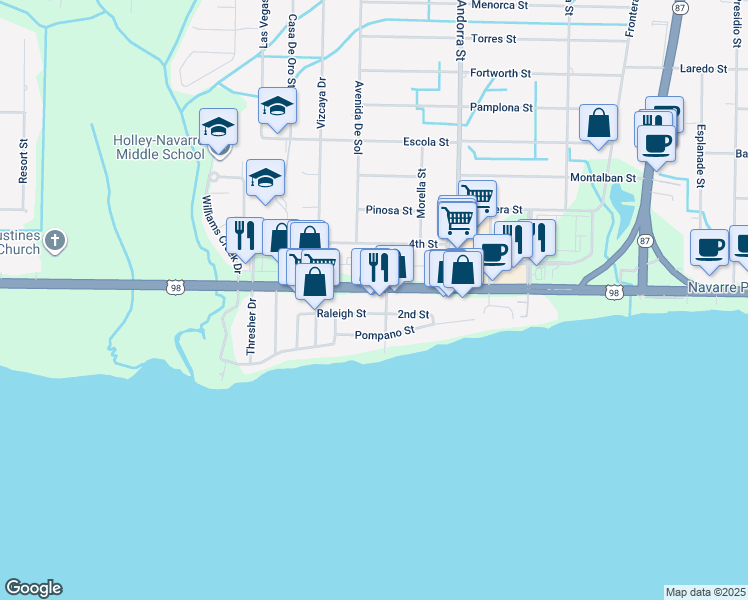 map of restaurants, bars, coffee shops, grocery stores, and more near 8137 Navarre Parkway in Navarre