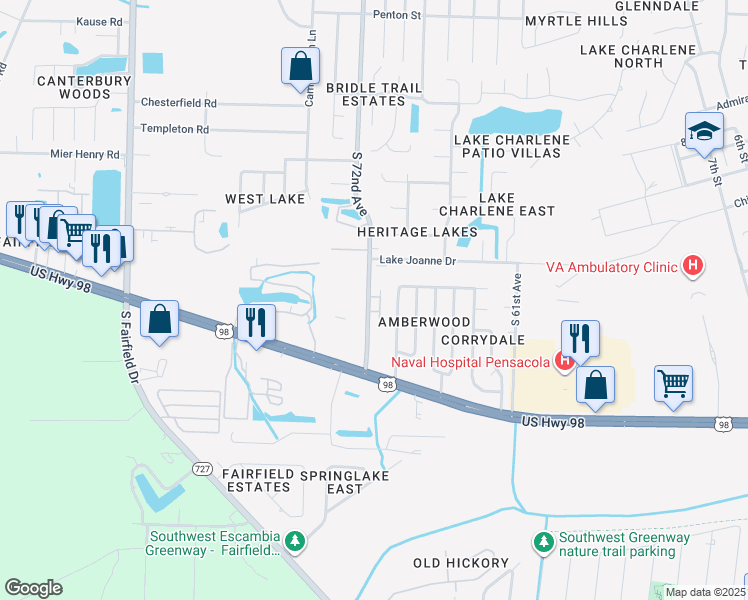 map of restaurants, bars, coffee shops, grocery stores, and more near 692 South 72nd Avenue in Pensacola