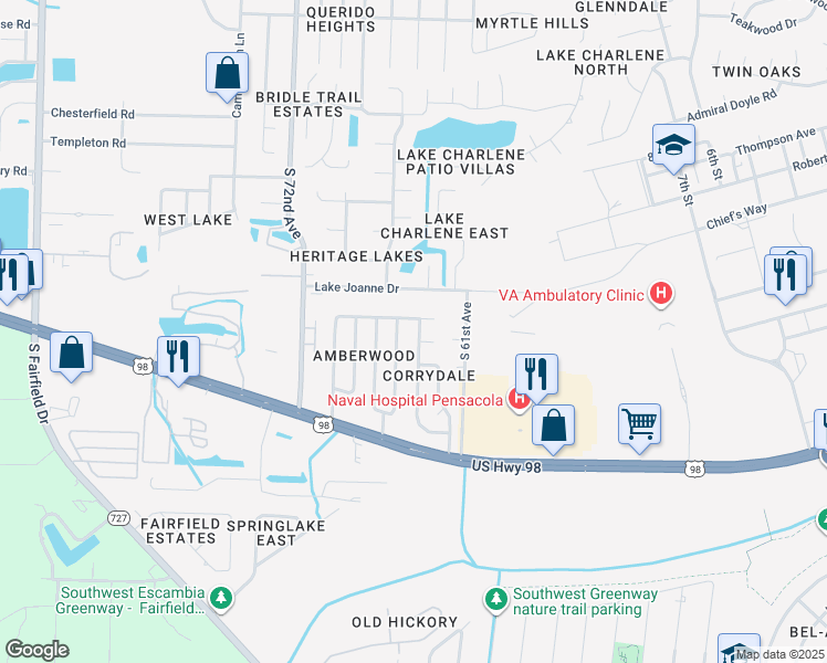 map of restaurants, bars, coffee shops, grocery stores, and more near 335 Corrydale Drive in Pensacola