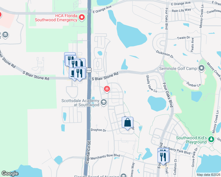map of restaurants, bars, coffee shops, grocery stores, and more near 3665 Esplanade Way in Tallahassee