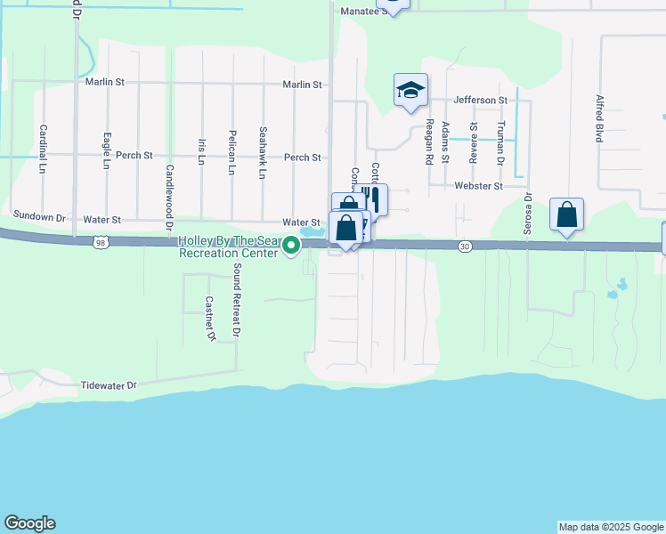 map of restaurants, bars, coffee shops, grocery stores, and more near 6903 Sea Turtle Circle in Navarre