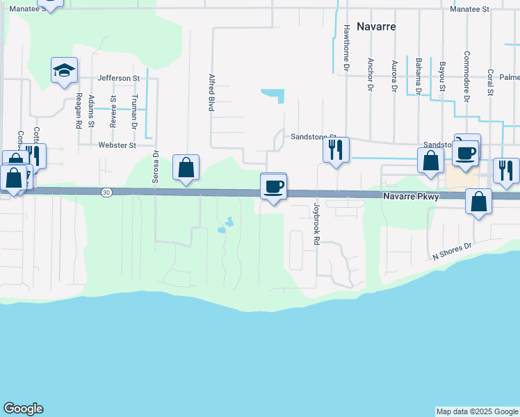map of restaurants, bars, coffee shops, grocery stores, and more near 1827 Soundhaven Court in Navarre