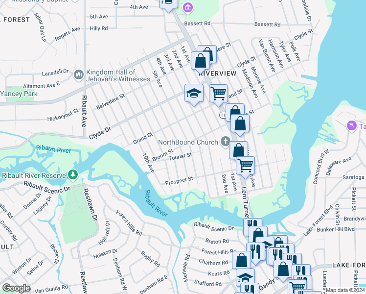 map of restaurants, bars, coffee shops, grocery stores, and more near 8825 6th Avenue in Jacksonville