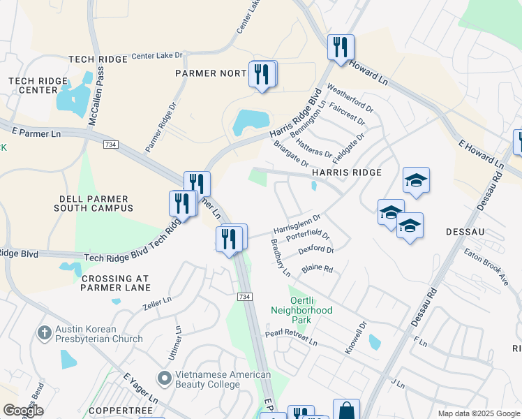 map of restaurants, bars, coffee shops, grocery stores, and more near 12800 Harrisglenn Drive in Austin