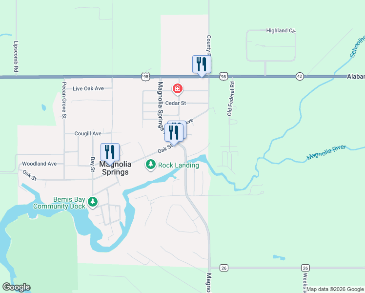 map of restaurants, bars, coffee shops, grocery stores, and more near 14914 Gates Avenue in Magnolia Springs
