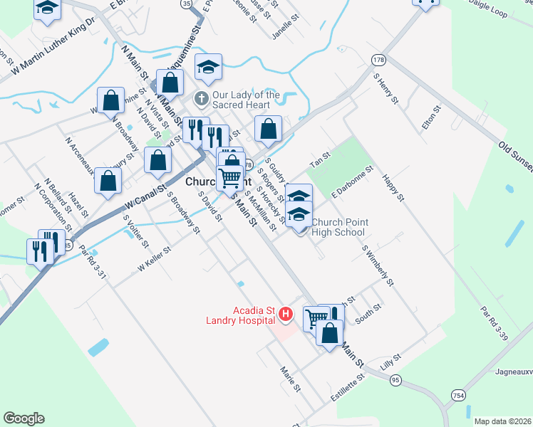 map of restaurants, bars, coffee shops, grocery stores, and more near 401-499 South Horecky Street in Church Point