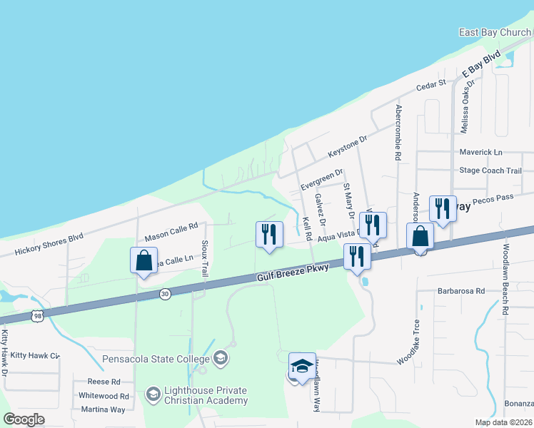 map of restaurants, bars, coffee shops, grocery stores, and more near 5104 Gulf Breeze Parkway in Gulf Breeze