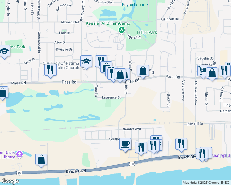 map of restaurants, bars, coffee shops, grocery stores, and more near 2011 Pass Road in Biloxi