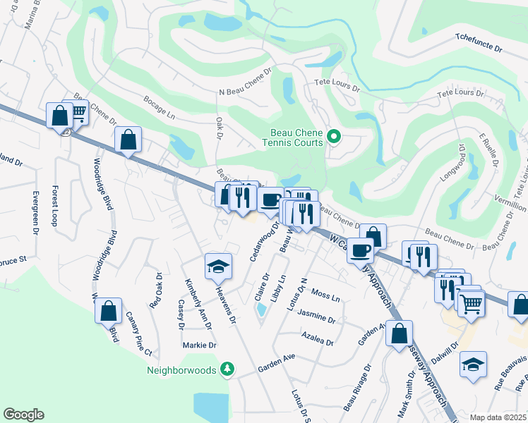 map of restaurants, bars, coffee shops, grocery stores, and more near 105 Dulac Place in Mandeville