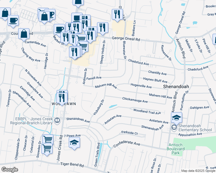 map of restaurants, bars, coffee shops, grocery stores, and more near 15617 Malvern Hill Avenue in Baton Rouge