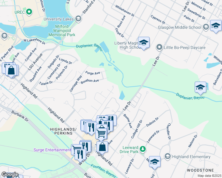 map of restaurants, bars, coffee shops, grocery stores, and more near 848 Bancroft Way in Baton Rouge