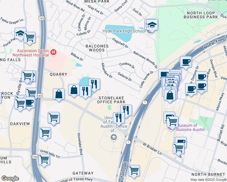 map of restaurants, bars, coffee shops, grocery stores, and more near 10900 Stonelake Boulevard in Austin