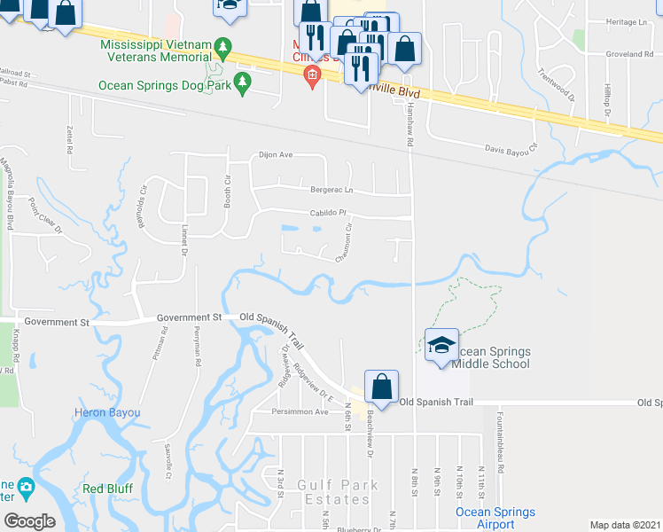 map of restaurants, bars, coffee shops, grocery stores, and more near 3828 Chaumont Circle in Ocean Springs
