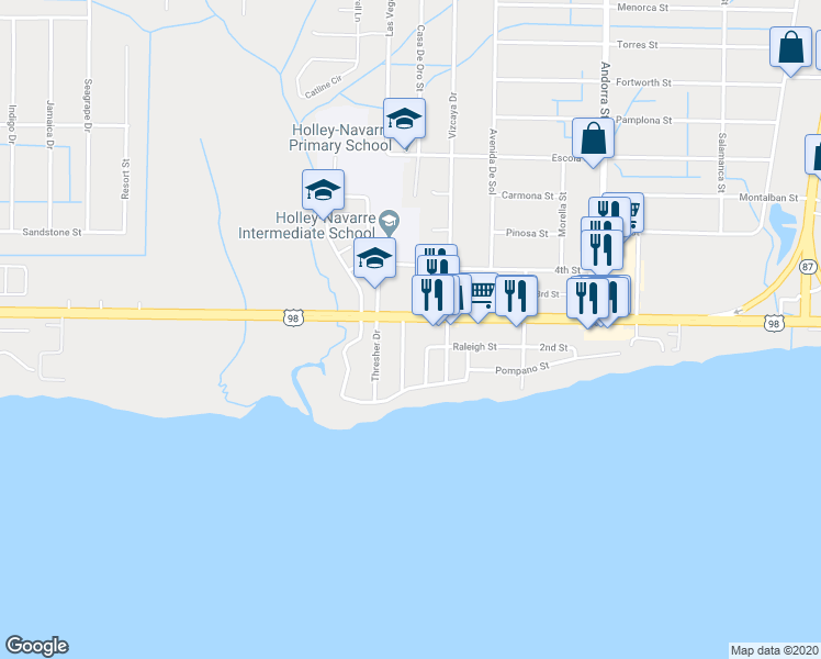 map of restaurants, bars, coffee shops, grocery stores, and more near 1800 Commander Harvey Lane in Navarre