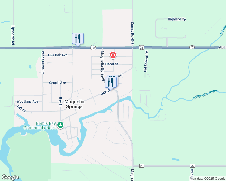 map of restaurants, bars, coffee shops, grocery stores, and more near 14770 Oak Street in Magnolia Springs