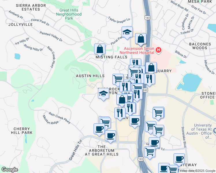 map of restaurants, bars, coffee shops, grocery stores, and more near 10431 Morado Circle in Austin
