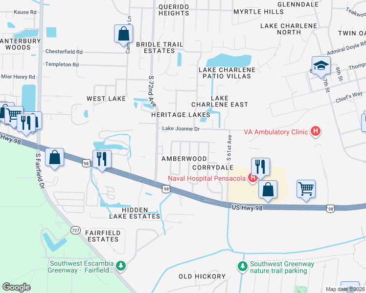 map of restaurants, bars, coffee shops, grocery stores, and more near 6916 Corrydale Drive in Pensacola