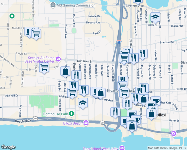 map of restaurants, bars, coffee shops, grocery stores, and more near 255 Iroquois Street in Biloxi