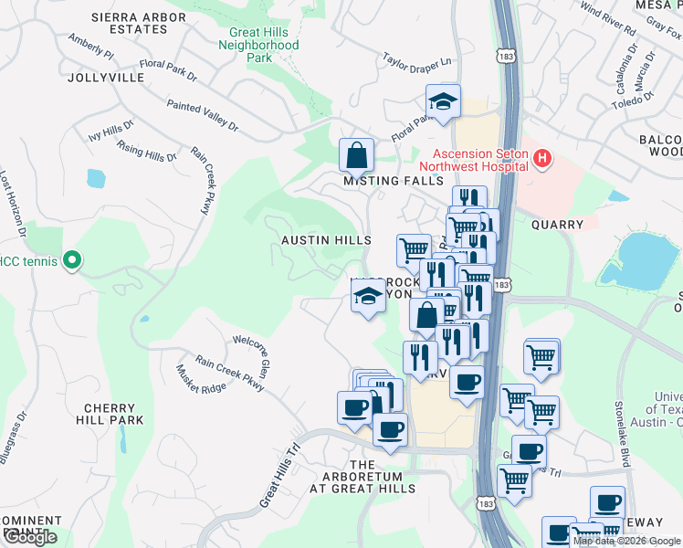 map of restaurants, bars, coffee shops, grocery stores, and more near 10313 Morado Cove in Austin