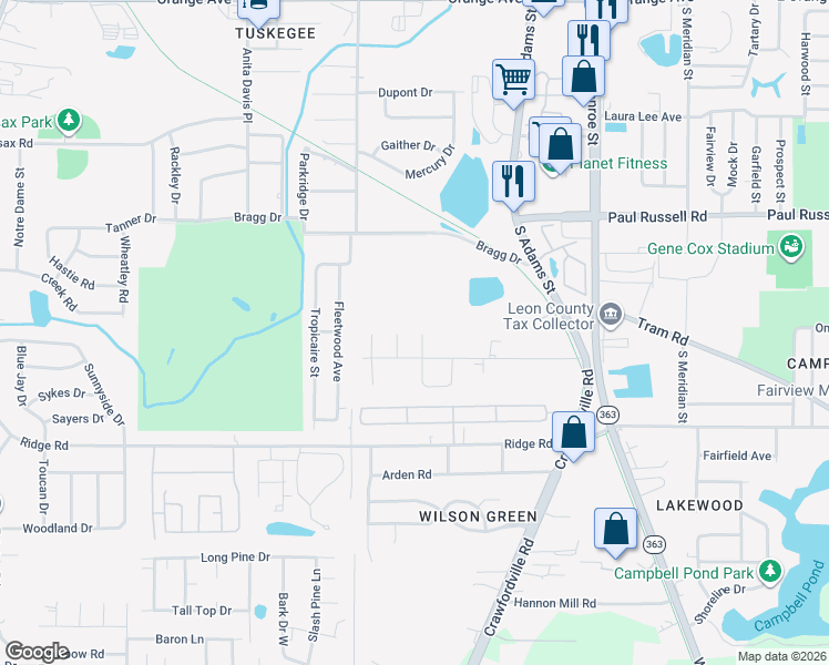 map of restaurants, bars, coffee shops, grocery stores, and more near 3954 Paeonia Court in Tallahassee