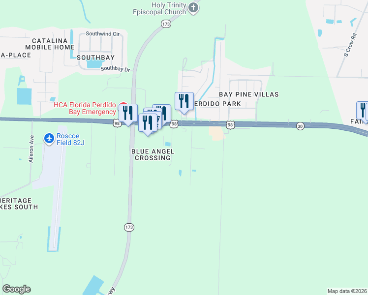 map of restaurants, bars, coffee shops, grocery stores, and more near 601-725 Giese Lane in Pensacola