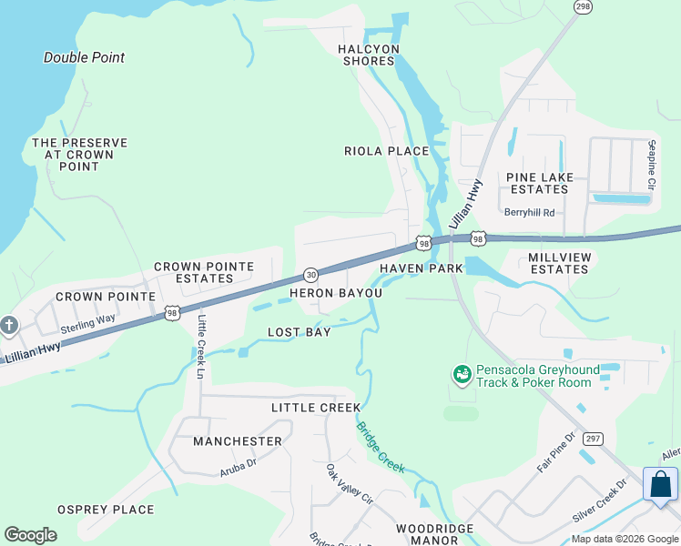 map of restaurants, bars, coffee shops, grocery stores, and more near 11160 Lillian Highway in Pensacola