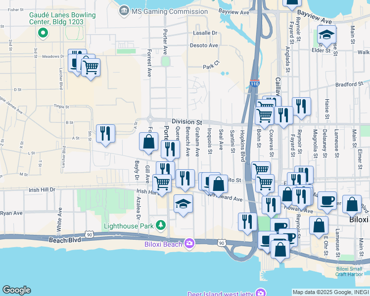 map of restaurants, bars, coffee shops, grocery stores, and more near 269 Benachi Avenue in Biloxi