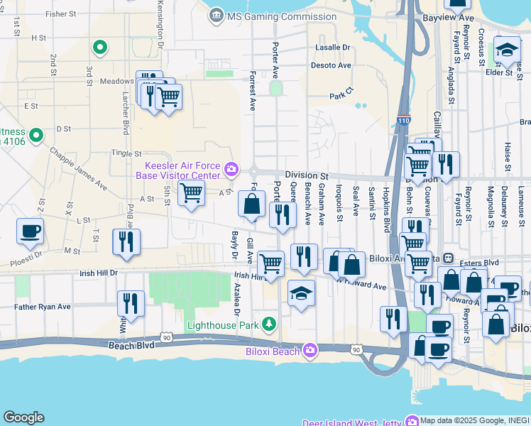 map of restaurants, bars, coffee shops, grocery stores, and more near 261 Porter Avenue in Biloxi