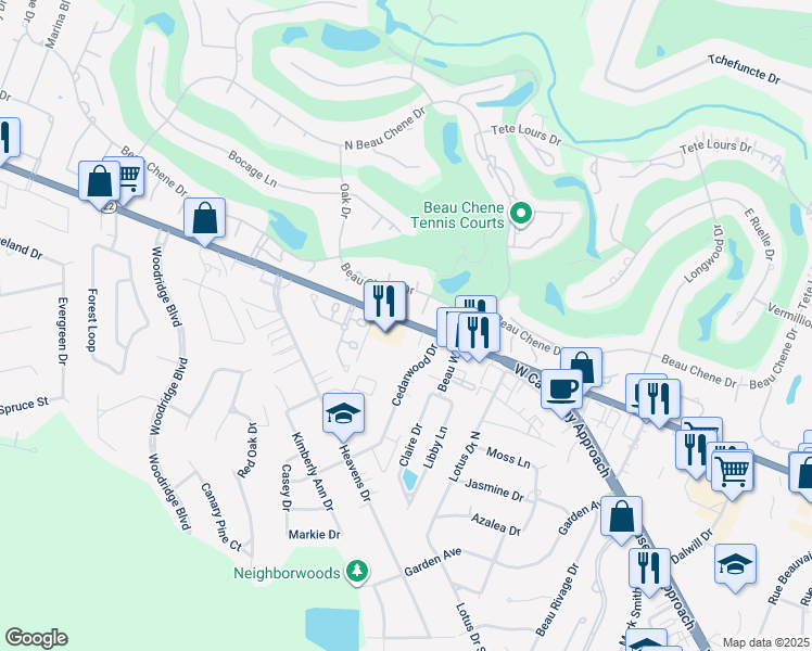 map of restaurants, bars, coffee shops, grocery stores, and more near 102 Tunica Place in Mandeville