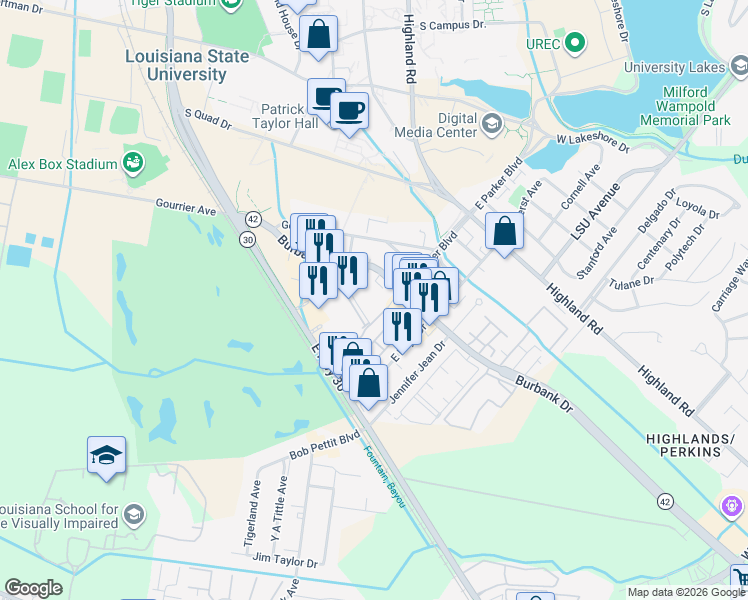 map of restaurants, bars, coffee shops, grocery stores, and more near 4176 Burbank Drive in Baton Rouge