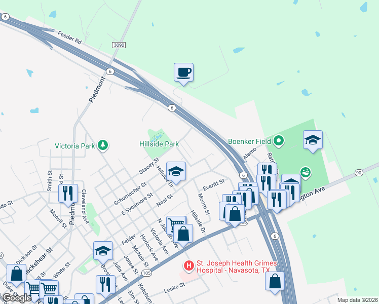 map of restaurants, bars, coffee shops, grocery stores, and more near 711 Wadesway in Navasota