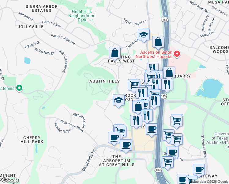 map of restaurants, bars, coffee shops, grocery stores, and more near 8510 Mesa Drive in Austin
