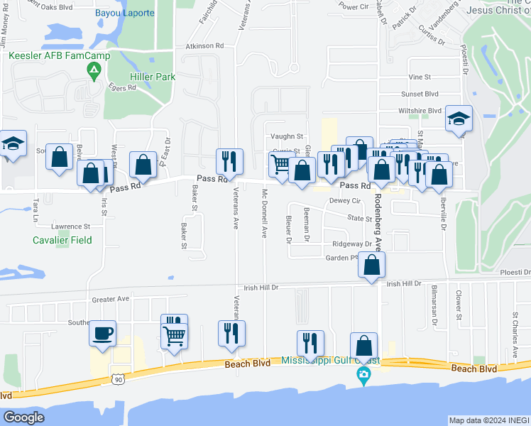 map of restaurants, bars, coffee shops, grocery stores, and more near 266 Mc Donnell Avenue in Biloxi